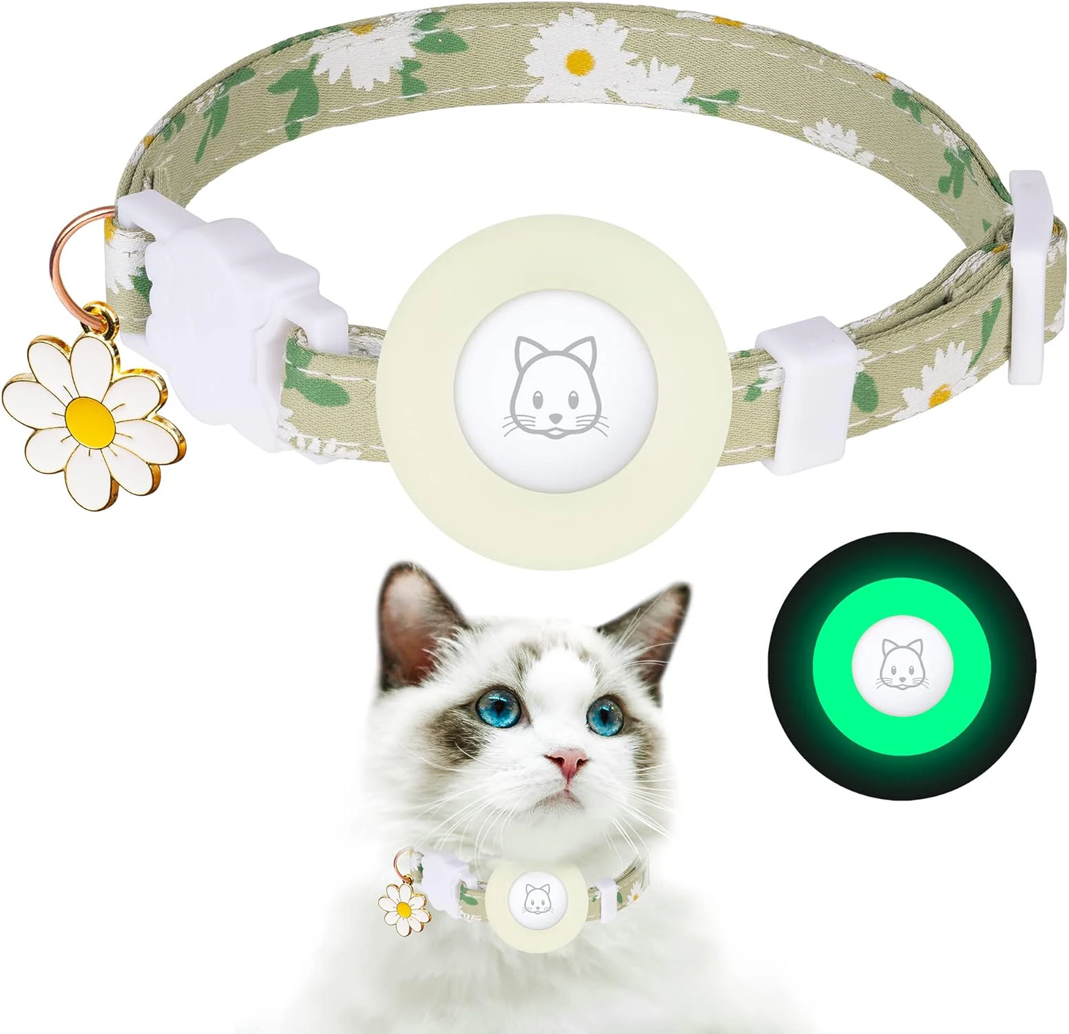 AirTag Cat Collar with Watertight  Airtag Holder and Safety Buckle, with Flower Charm & Bell for Girl Boy Cats Kitten Gatos Pet