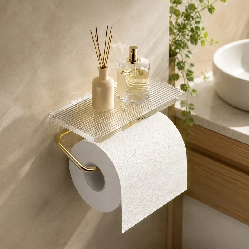Wall-Mounted Acrylic Tissue Holder with Gold Finish and Integrated Shelf, No-Drill Installation for Bathroom Use
