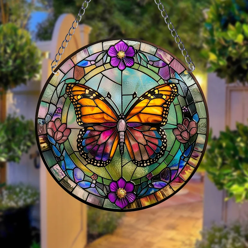 1pc Butterfly Window Suncatcher Wall Hanging Decoration Round Stained Acrylic Wall Art  for Courtyard Family Gift Colleague