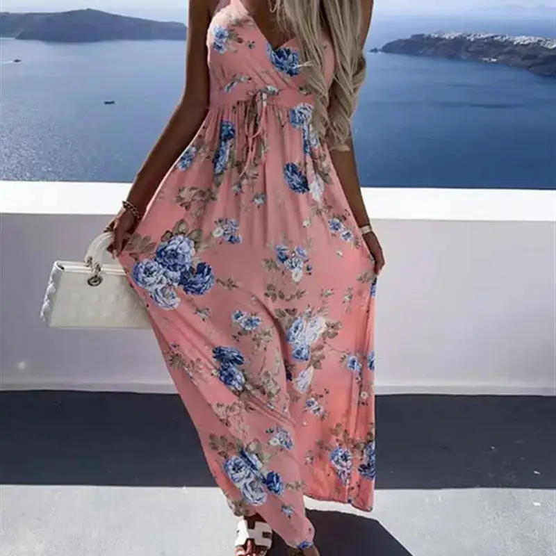 

Sexy Bohemian Print Strapless Dress Long Evening Gown Floral Lace up Backless Women's Dress Summer 2023 New Independent Station
