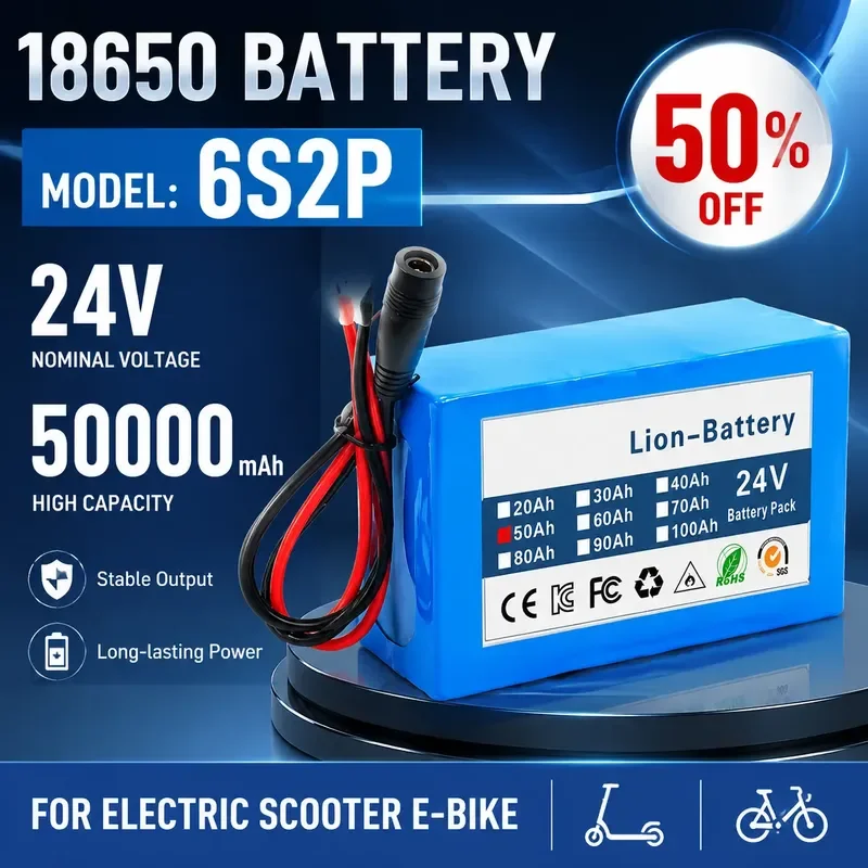 24V 6S2P 50000mAh 18650 Battery Pack Optional Charger for Electric Scooter E-bike Rechargeable Replacement Power Battery