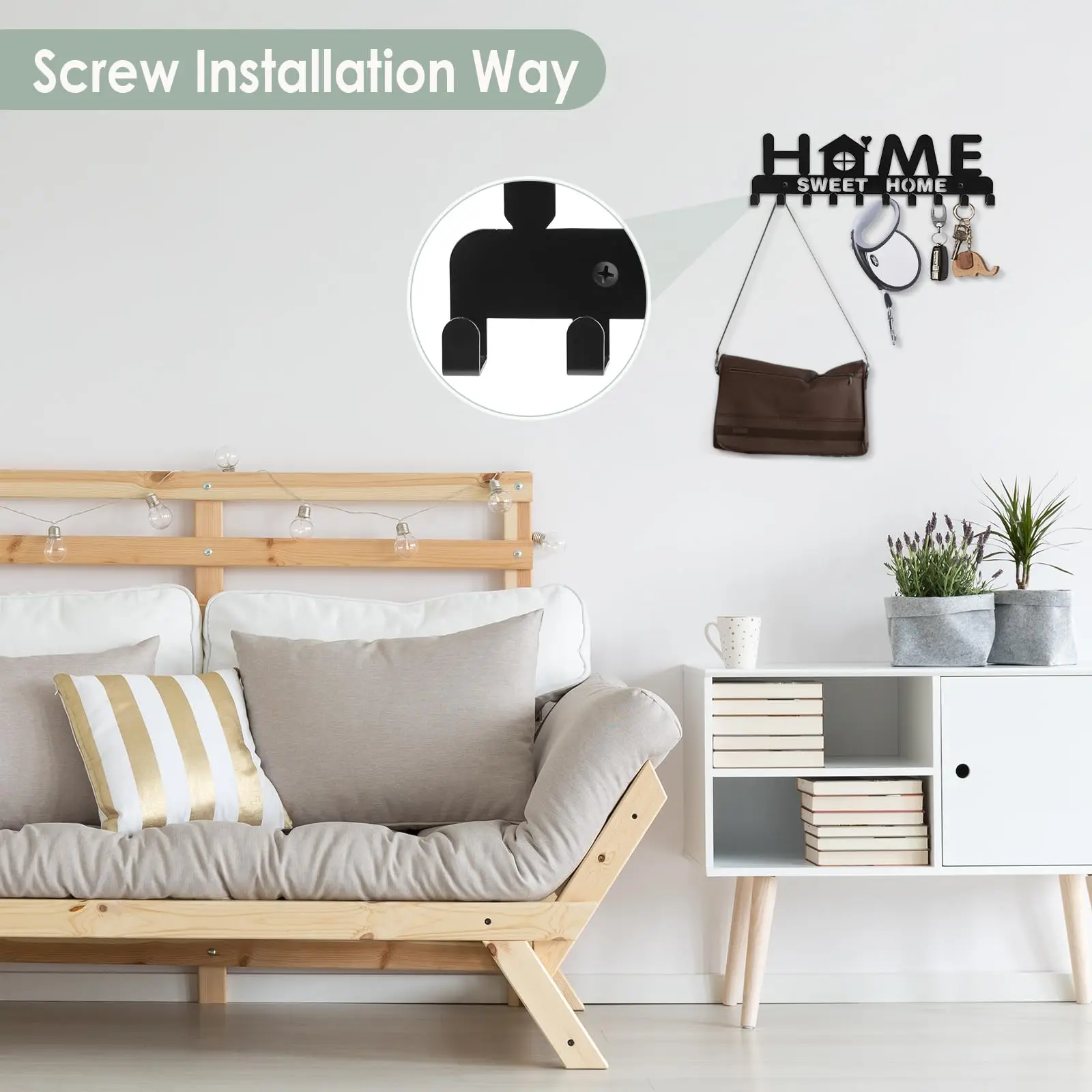 2D Key Hanger Wall Decorative Key Rack Organizer Self Adhesive Keychain Holder with 10 Key Hooks Metal Black Metal