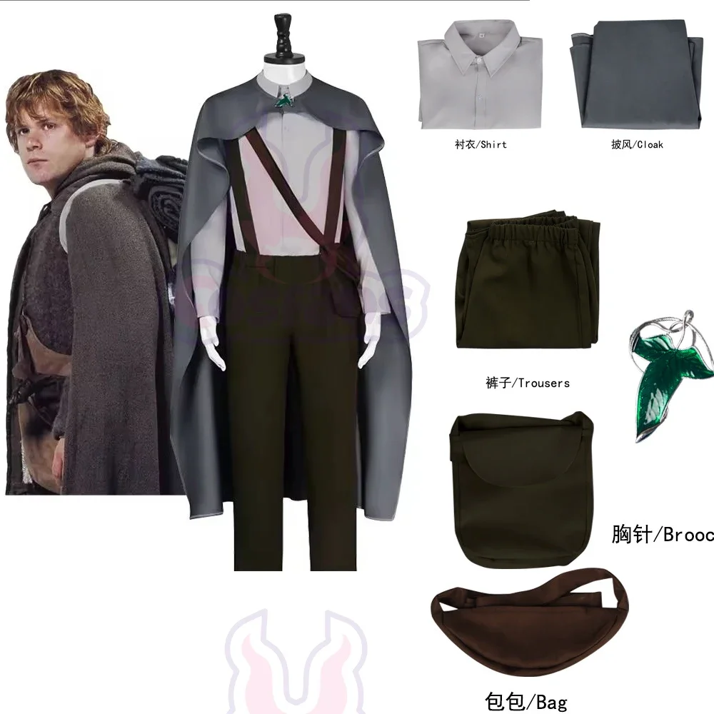 Disfraz de Cosplay de Samwise Gamgee de la Película, Traje de Enano Hobbit con Capa Gris, Conjunto Completo de El Señor de los Anillos con Capa, para Fiesta Temática de Halloween para Adultos