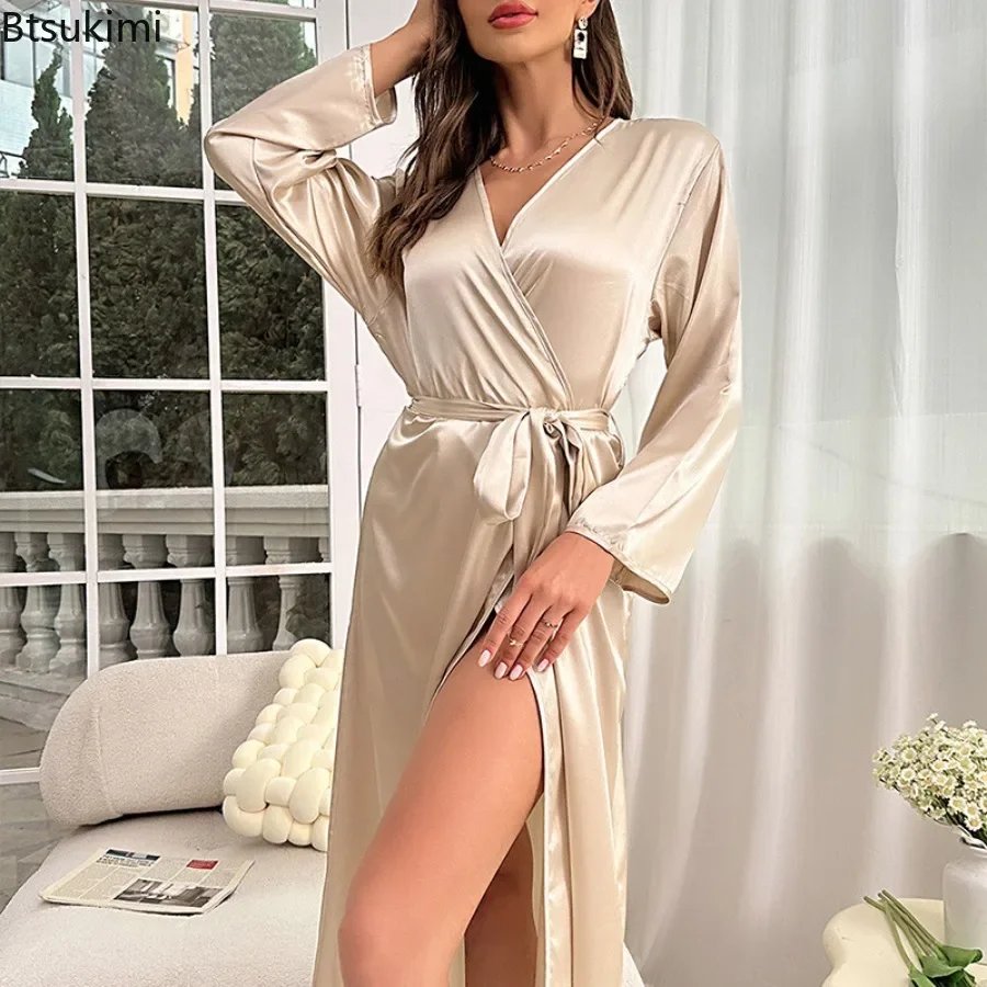 Women's Summer Sexy Ice Silk Satin Belted Robe V-Neck Elegant Sleepwear Comfort Bathrobe Loungewear Romantic Solid Color Robe