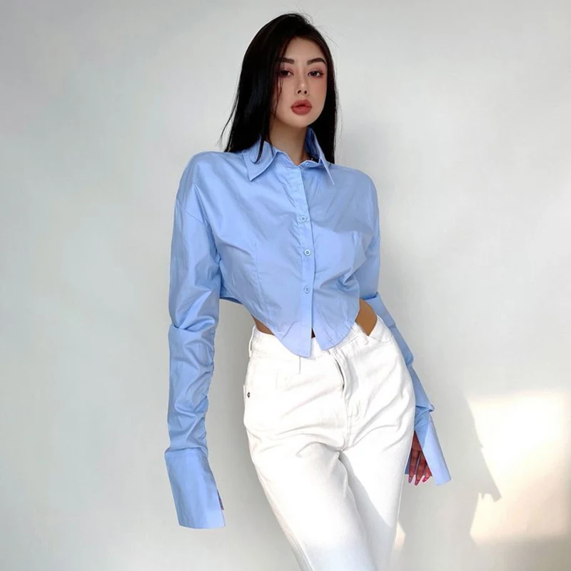 Korean Blue Women Shirt Sweet Preppy Style Slim Long Sleeve Female Blouse Spring New Fashion All Match Button Ladies Crop Tops