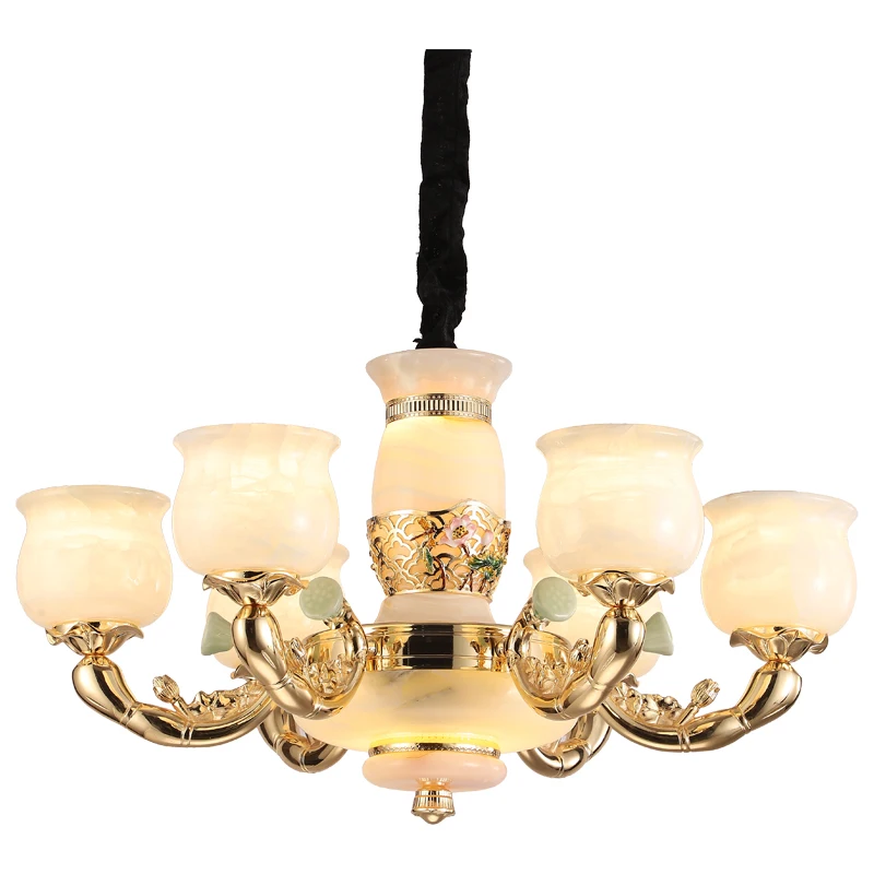 All Copper Chandelier Living Room Lamp Dining Room Lamp Jade Chinese Style New Chinese Atmosphere Villa Duplex Hall Marble Lamp