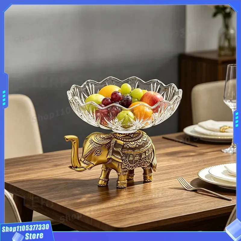 Brass Engraved Elephant Crystal Glass Fruit Plate Creative Home Decor Candy Storage Bowl Ornament for Living Room Table