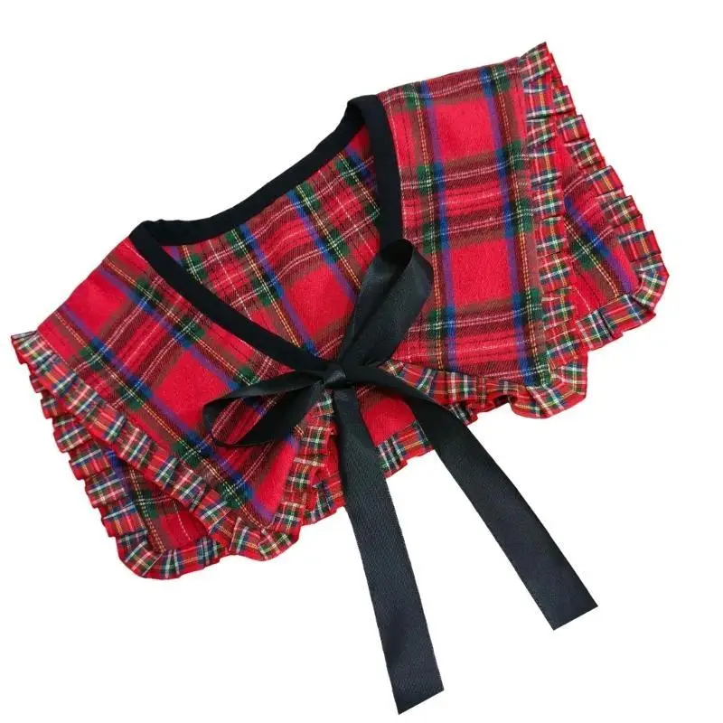 39BD Women Lightweight Detachable False Collar Shawl Scarf Vintage Checkered Plaids Neckline Ruffled Trim Bows Tie Capelet