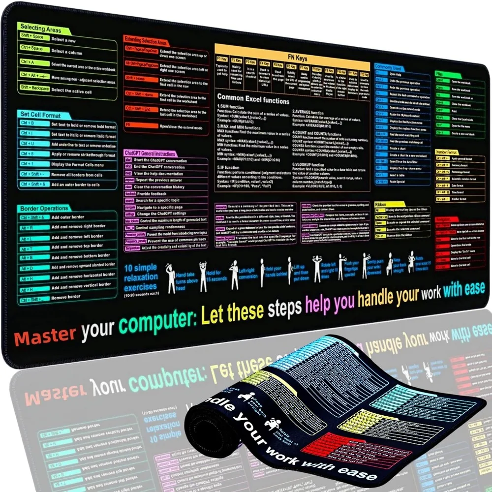 XL Excel Formulas and Shortcuts Desk Mat - Waterproof, Non-Slip Keyboard Cover | Large XL Mouse Pad for Office & Gaming