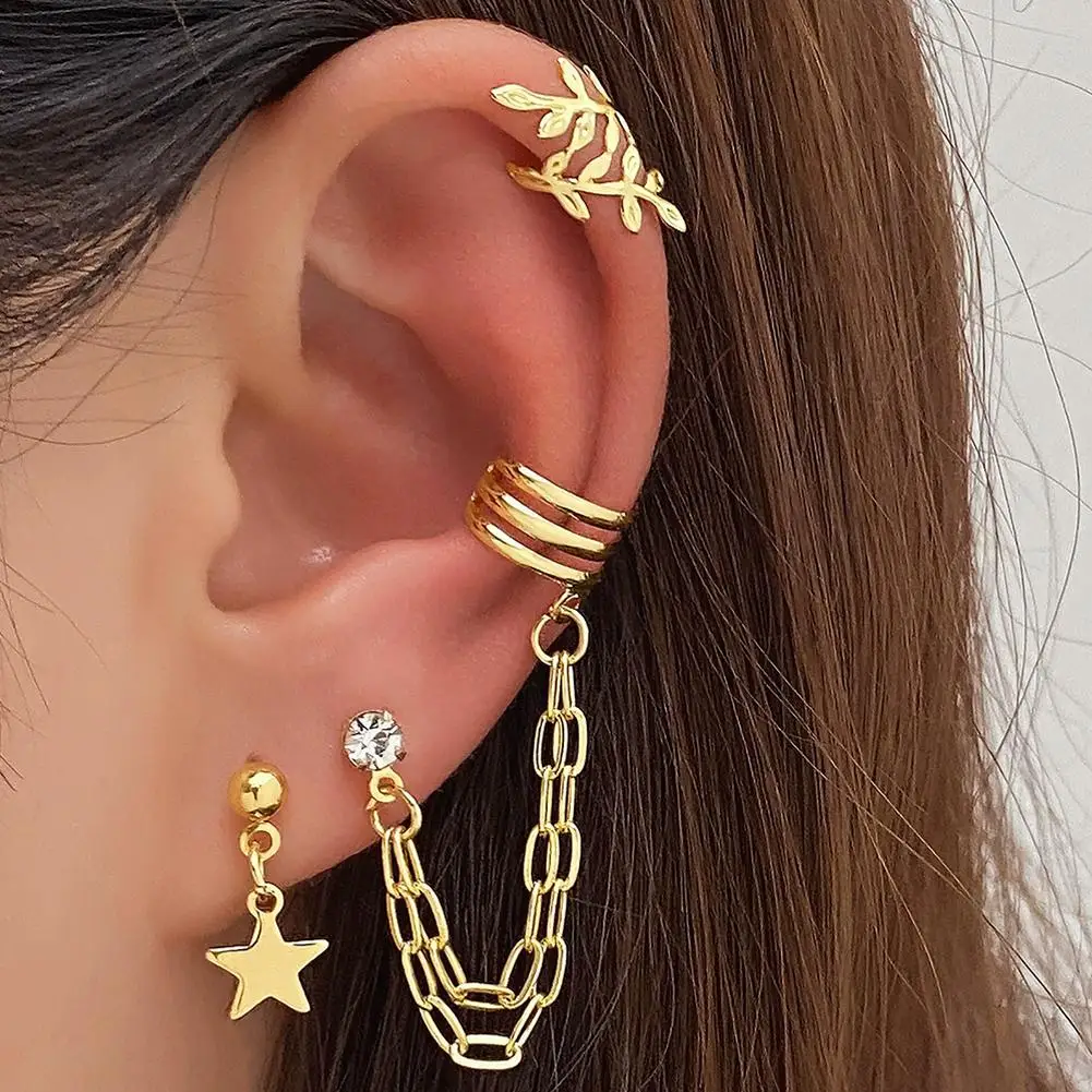 No Piercing Ear Cuff Earrings Set Stackable Chain Leaf Star Hollow Cartilage Ear Clips Fashion Minimalist Ear Jewelry For Women