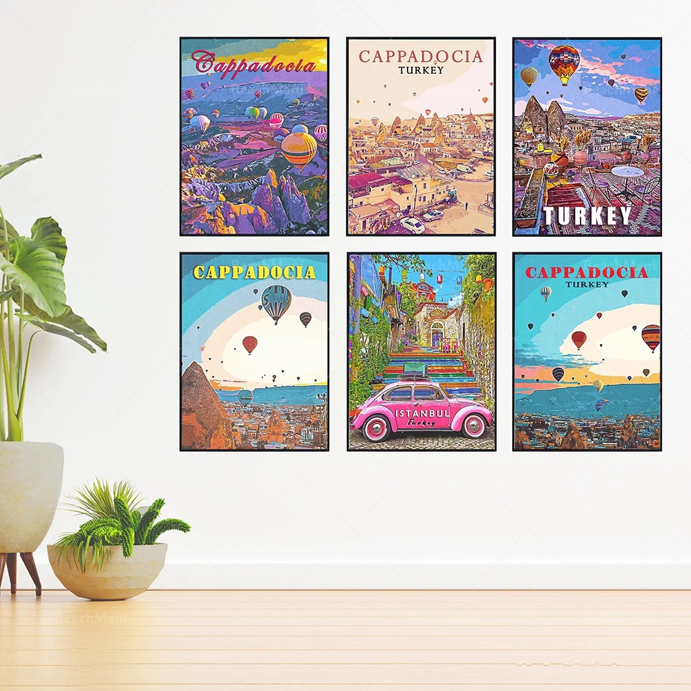 Cappadocia Vintage Travel Poster, Printable Turkey Hot Air Balloon, Retro Style Wall Art Gallery Decor Aesthetic Picture