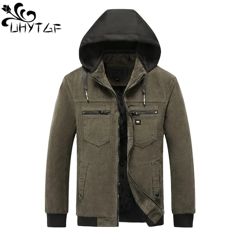 

UHYTGF Quality Corduroy Winter Coat Men Plush Hooded Cold Proof Warm Jackets For Men Youth Fashion Casual Male Outerwear 3XL 225