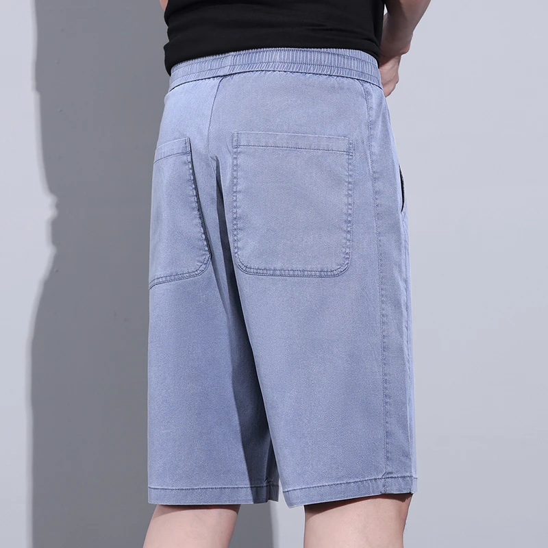 Summer Soft Cosy Lyocell Fabric Men\'s Denim Shorts Thin Loose Pants Drawstring Elastic Waist Korea Casual Short Plus Size M-5XL