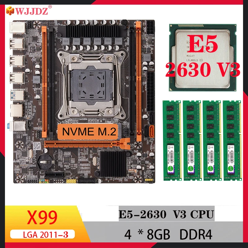 

Wjjdz Комплект материнской платы X99 H4 4*8 ГБ ddr4 intel xeon e5 2630 V3 lga 2011-3, материнские платы и набор процессоров RECC Memory NVME M.2 SATA для геймеров