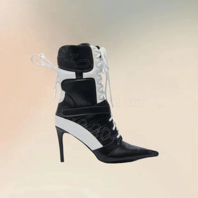 

Black White Pointed Toe Matte Leather Ankle Boots Cross Tied Women Shoes Thin High Heels Party Dating 2025 Zapatos Para Mujere