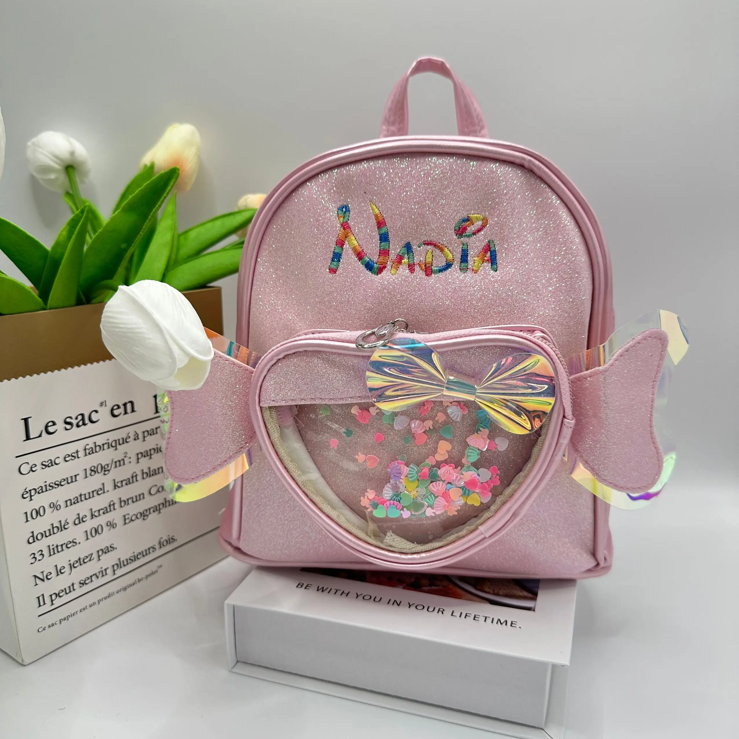 

Personalized Kindergarten Backpack Embroidered Colorful Thread Children's Candy Backpack Cute Girl Love Wings