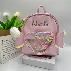 Mochila de guardería personalizada, mochila bordada de hilo colorido, dulces para niños, lindas alas de amor para niñas