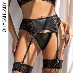 Ohyeahlady-Conjunto de liguero de cuero sintético para mujer, conjunto de liga de látex con aspecto húmedo, bragas de G-string para medias