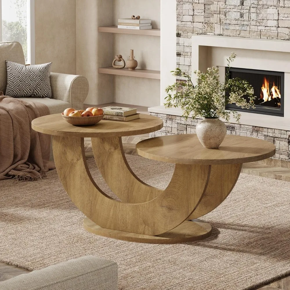 46-inch Round Coffee Table, Modern Living Room Coffee Table with Funky U-Shaped Frame, Low Accent Center Tea Table