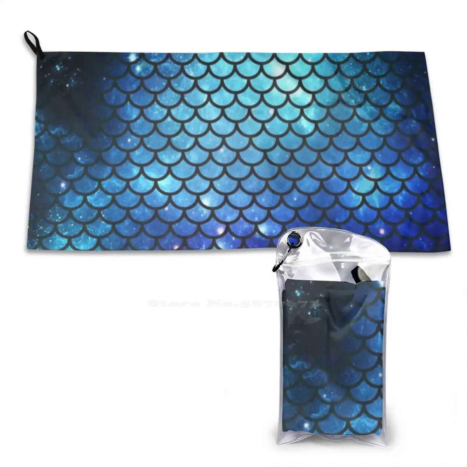 Mermaid Tail Soft Towel Quick Dry Beach Towel Mermaid Tail Pattern Scails Scales Fin Ocean Galaxy Stars Space Blue Black Purple