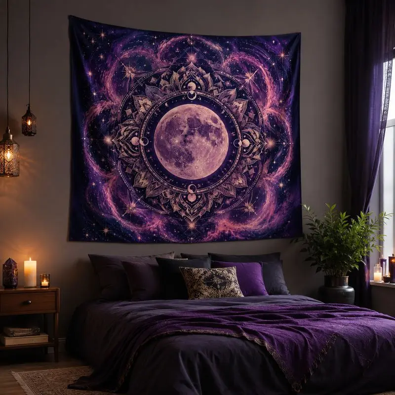 VIKAMA Purple Cosmic Moon Mandala Tapestry Psychedelic Starry Sky Wall Hanging Boho Aesthetic Bedroom Dorm Home Decor