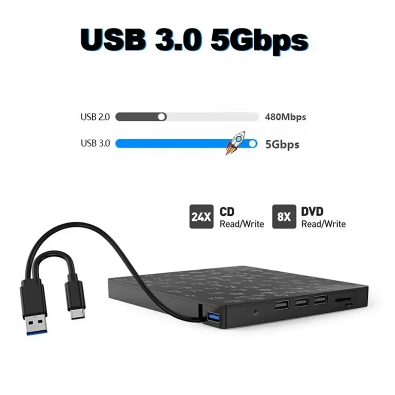 Внешний привод CD/DVD черного цвета с разъемами SD/TF и USB3.0, 1 шт.