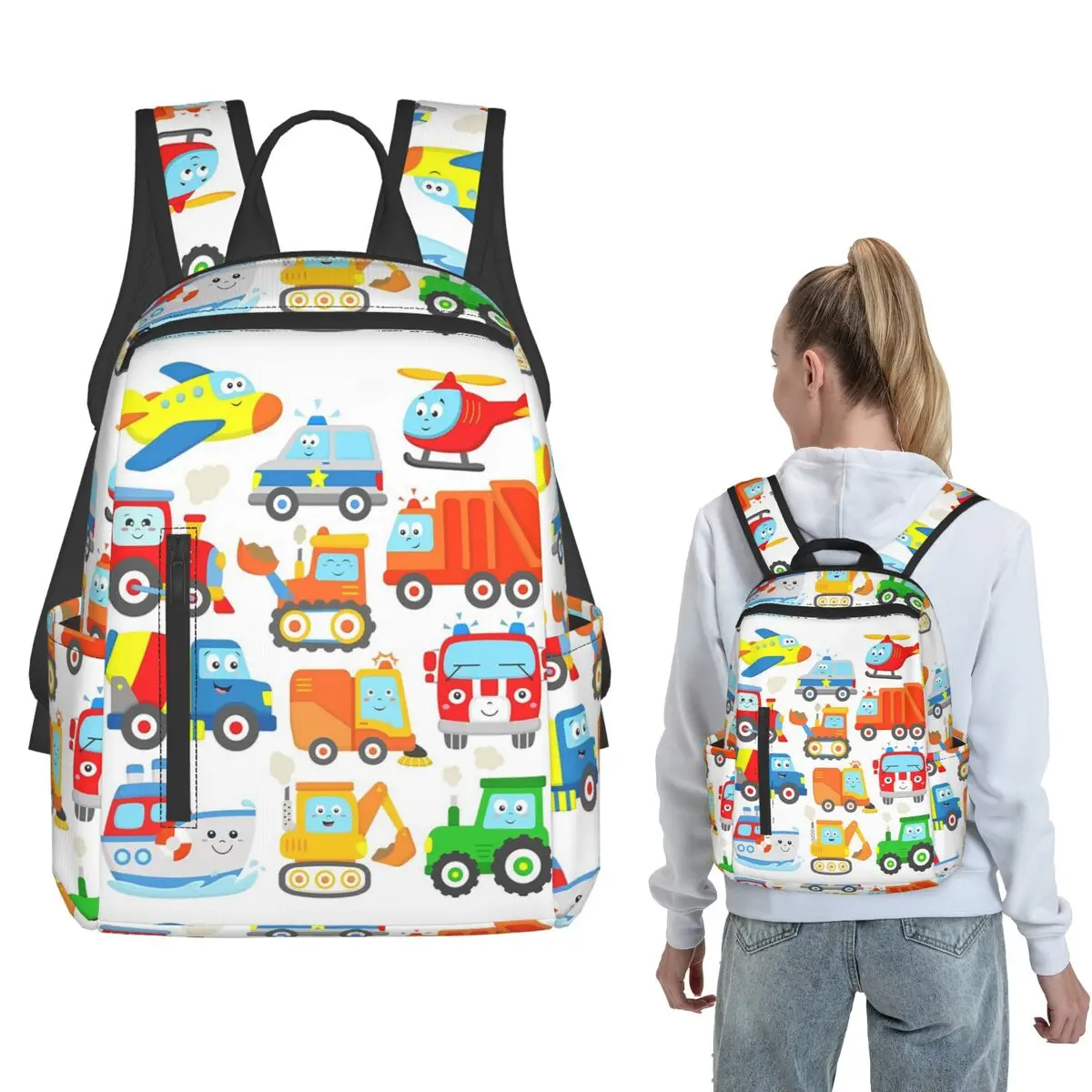 Helicopter Excavator Trashtruck Ship Tractor Train Police Firetruck Kids BDaypack Boys Girls BookBag School Bag  for Men Women