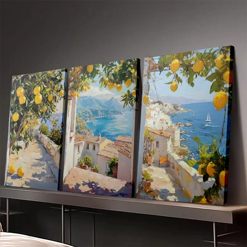 3PCS wood frame canvas wall art - Mediterranean lemon grove coastal art modern art prints, bright aesthetic decoration