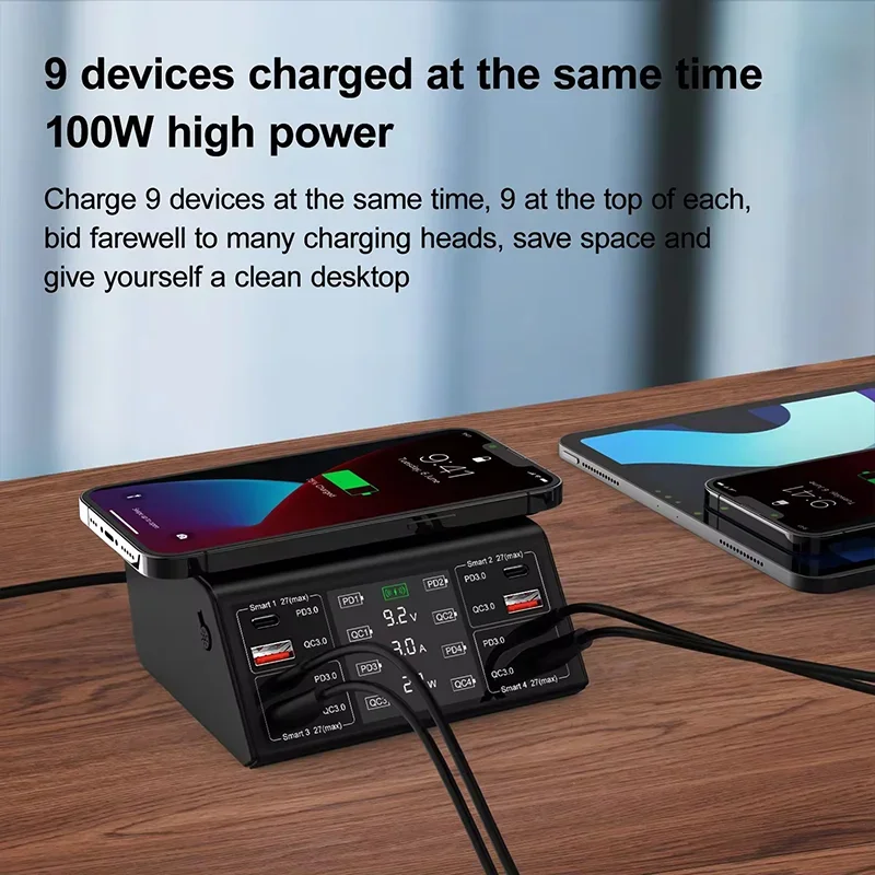 100W 8 Ports USB Type C Fast Charger Station QC3.0 PD3.0 PPS Wireless Charging Desktop Phone Quick Charge For iPad Tablet Phone