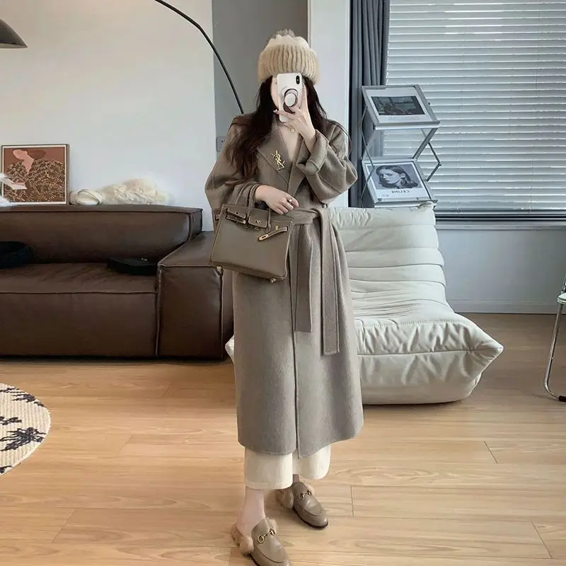 Popular double-sided velvet medium and long woolen coat for women's autumn and winter small Hepburn wind over the knee woolen