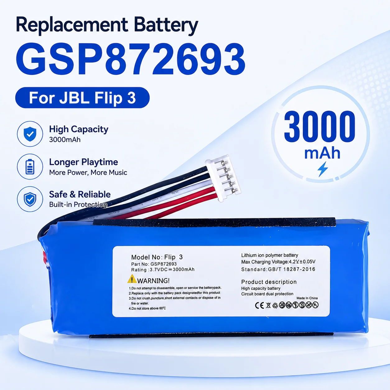 Replacement Battery GSP872693 P763098 03 3000mAh for JBL Flip 3 Flip3 Gray Portable Speaker Internal Battery Pack