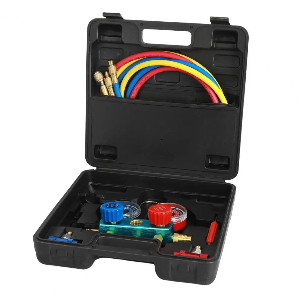 

Dual Gauges Refrigerant Meter with 3 Color Hoses 2 Couplers Air Conditioning Aluminum Manifold Gauge Set