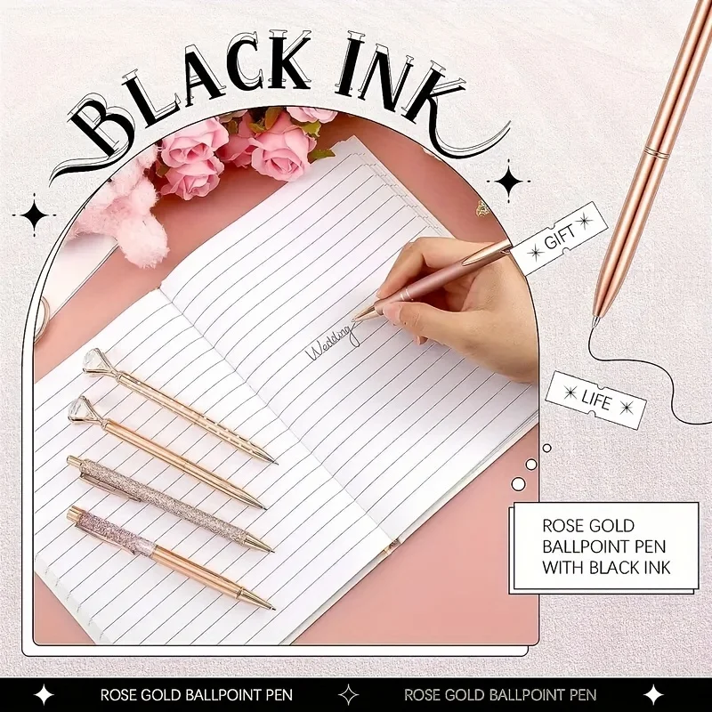 مجموعة أقلام حبر جاف ذهبية وردية مكونة من 8 قطع - أقلام معدنية أنيقة مع لمسات كريستالية - مثالية للطلاب والمكتب والهدايا وحفلات الزفاف