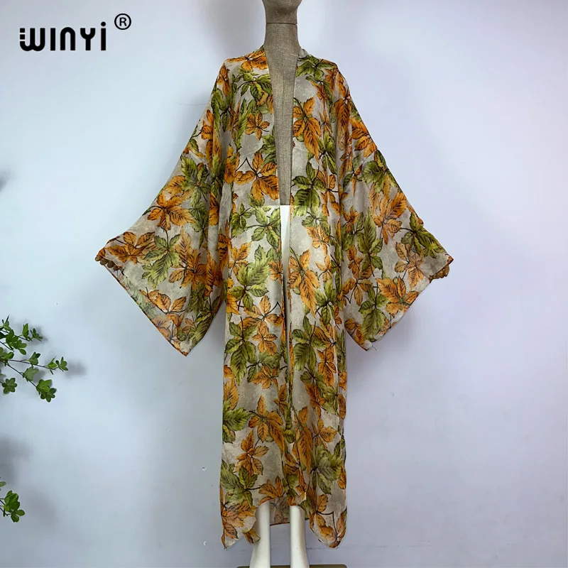 

WINYI kimono summer Floral print beach outfits for women Elegant Cardigan sexy Holiday maxi beach wear swimsuit evening dress