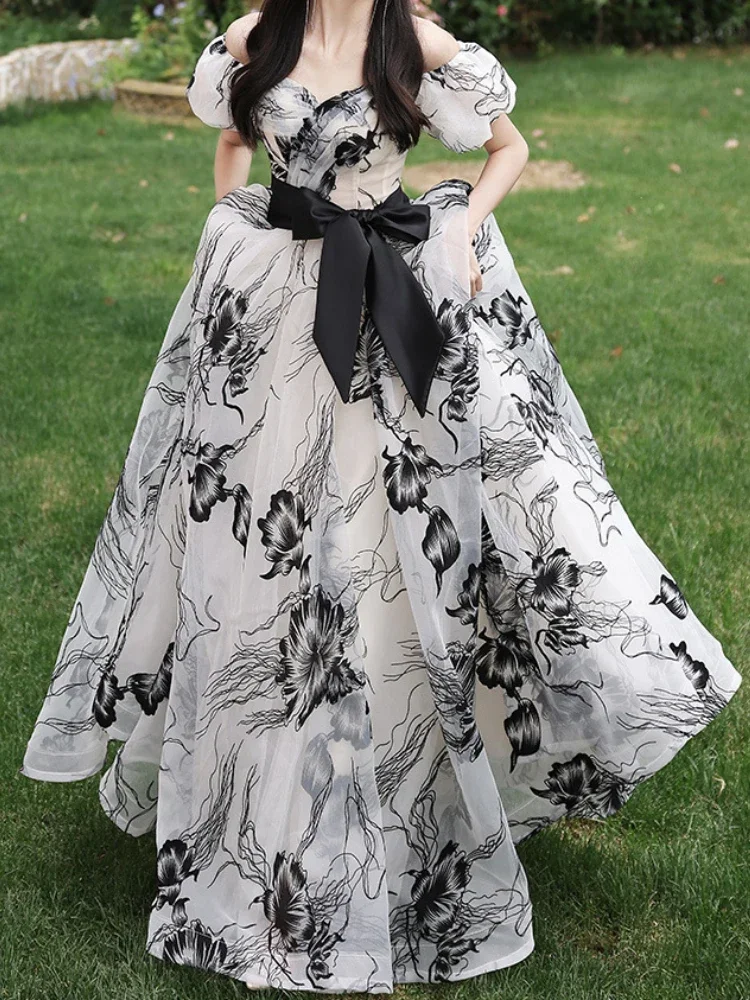 Customized French Fresh Slash Neck Puff Sleeve Vestidos Fashion Temperament Ink Print Ceremonial Robe Bow With Sashes Cascading