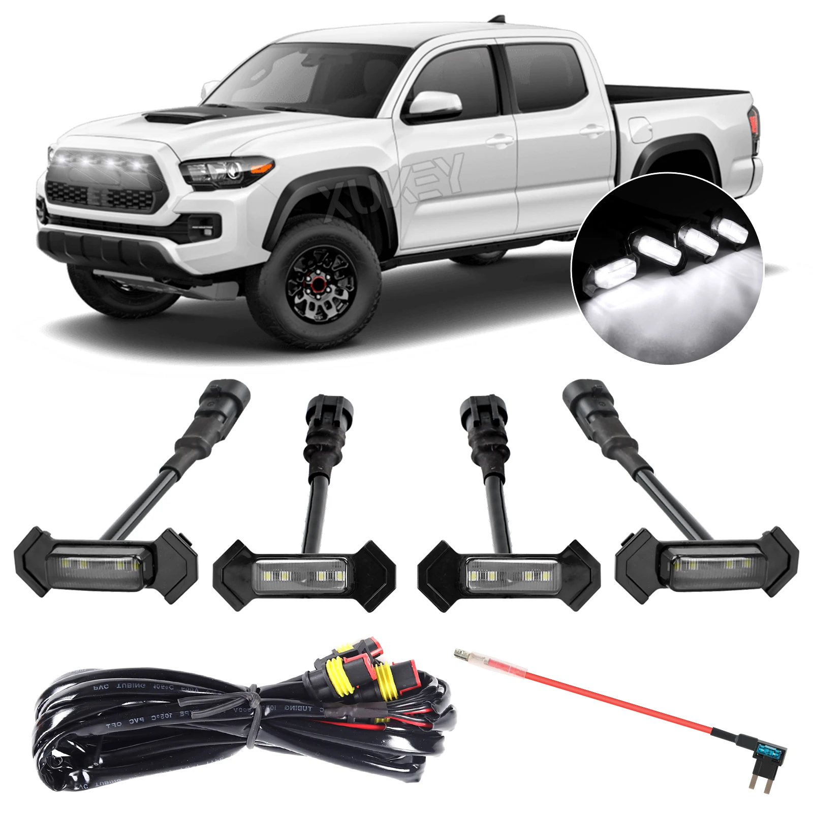 4x 12V Smoked Lens Front Grille White LED Light with Wiring Harness Kit For Toyota Tacoma 2016 2017 2018 2019 2020 w/TRD Pro DRL