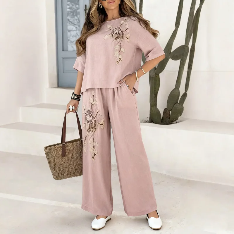 

Fashion O-neck Tops & Wide Leg Pant Suits Women Casual Long Sleeve Cotton Linen 2Pc Sets Vintage Pattern Print Holiday Outfits