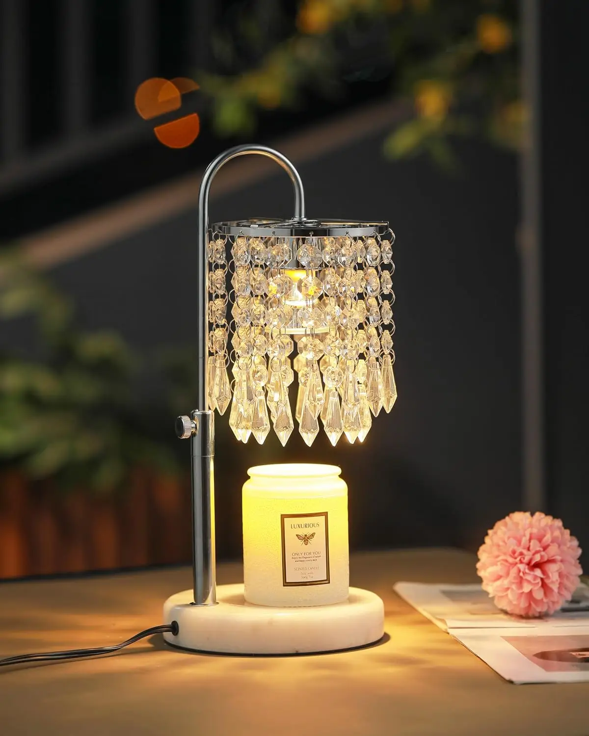 Candle Warmer Lamp with Timer and Dimmer, 3 Bulbs Included, Adjustable Height Marble Base for Jar Candles, Silver Home Decor