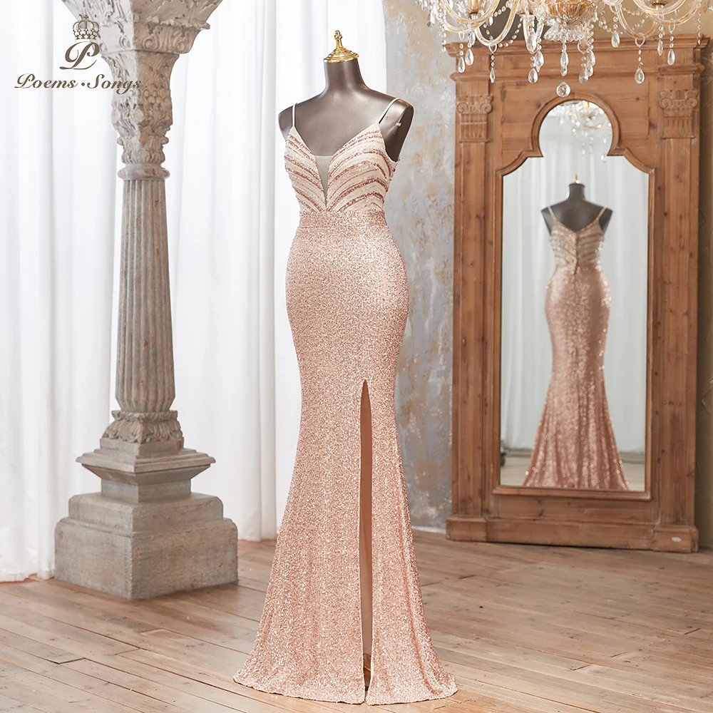 Stunning Gold Sequin Evening Dress Side Slit Elegant Perfect Parties Formal Events vestidos de fiestas elegantes mujer