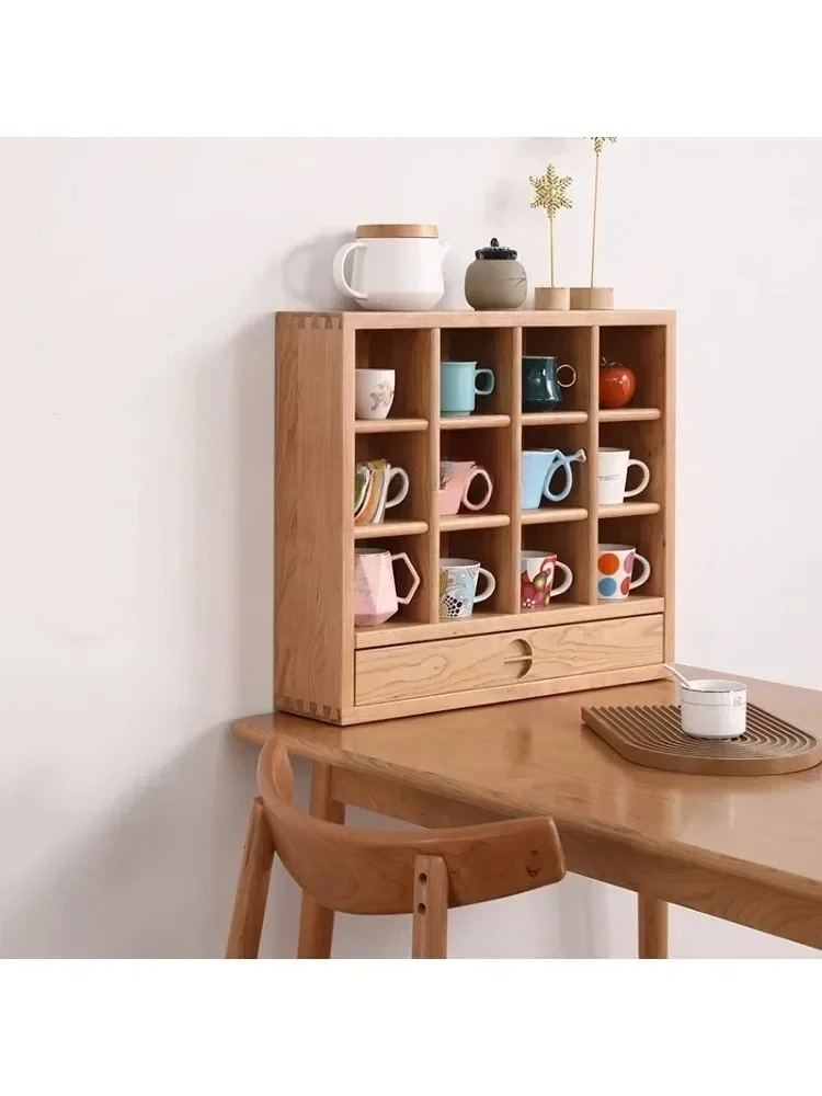 

S Cherrywood Cup Holder Solid Wood Plaid Cup Display Grid Storage Shelf Nordic Desktop Curio Box
