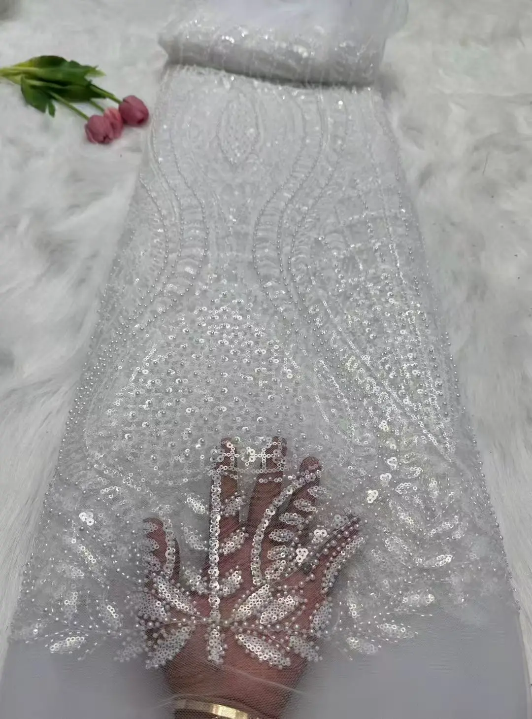 

African Beads Lace Fabric High Quality Nigerian Sequins Beads Lace Fabric French Laces Fabrics For Party Dress Sewing 5 Yards