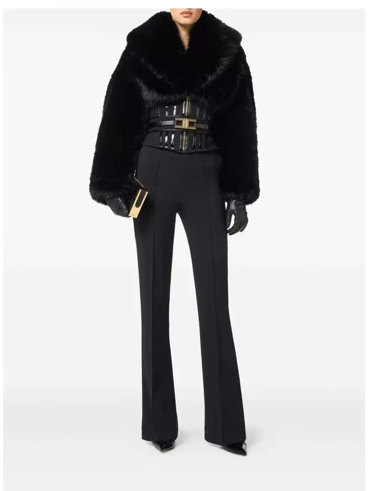Elegant Glossy Short Black Fur Coat with Fishbone Splicing Metal Zipper Waist Slimming Large Fur Collar Eco-friendly Leather