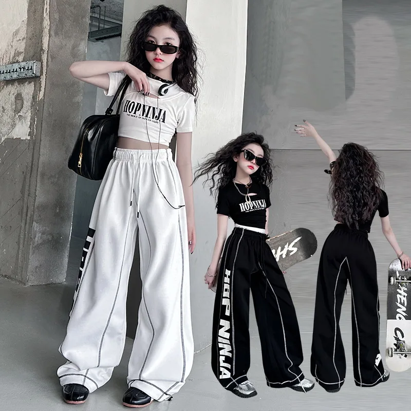 Summer teen girl Hip Hop Jazz Street Dance Costume Suit Cool Print Hollow Short T-shirt+Casual Sports Pants Set Child Outfits
