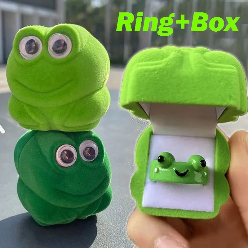 Velvet Frog Jewelry Box with Cute Cartoon Frog Rings Couple Rings Flocked Jewelry Storage Boxes Creative Valentine\'s Day Gift