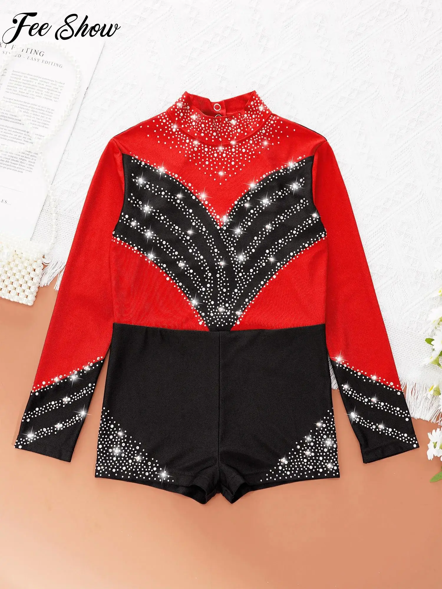 

Sparkly Rhinestones Ballet Gymnastics Dance Outfit for Kids Girls Jumpsuit with Hair Tie Headwear Figure Skating Performance Set