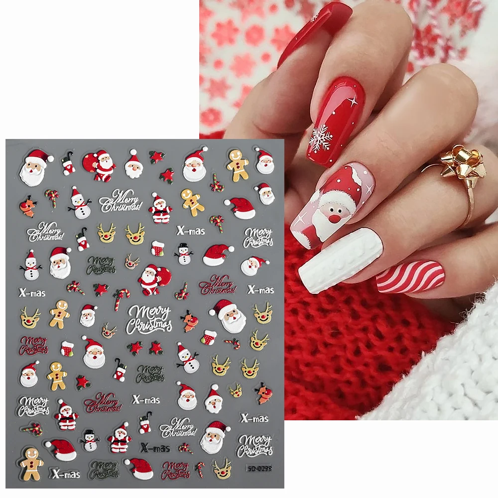 Autocollants pour ongles de noël 5D, 2 pièces, cascade, flocons de neige, père noël, élan, pain d'épices, décalcomanies en relief, ensemble de manucure d'hiver et de noël