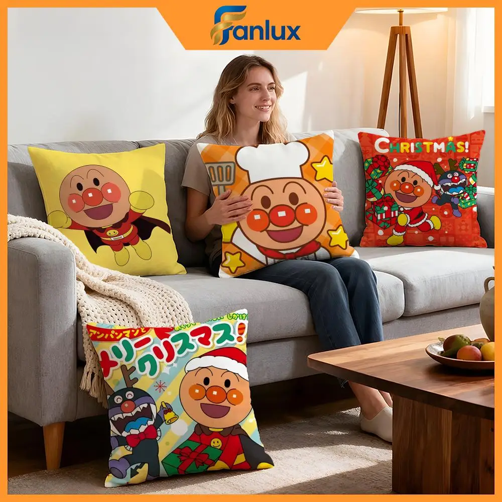 Cartoon Anpanman Kissenbezug, 4 Stück, dekorative Bezüge, weicher Kissenbezug für Sofa, Couch, Dekoration, 40 x 40, 45 x 45 Kissenbezüge