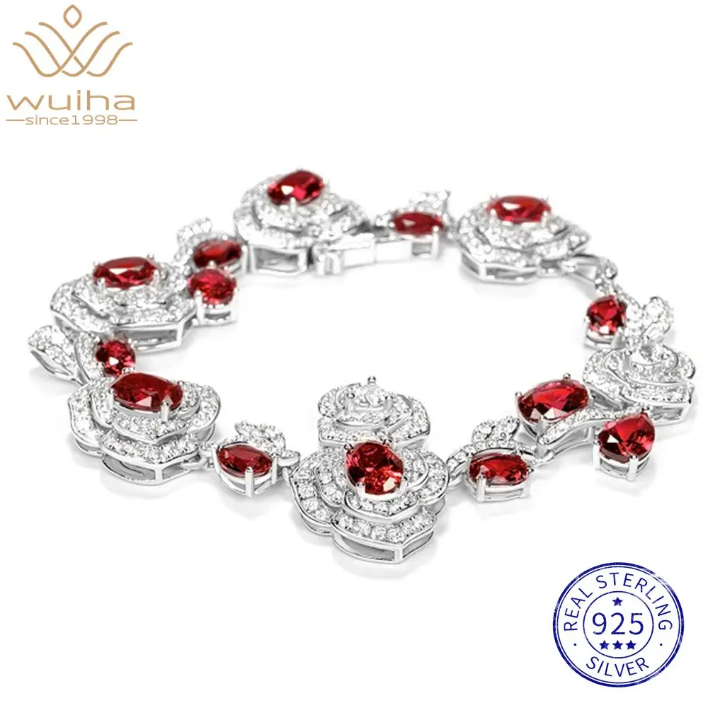 

WUIHA Vintage 925 Sterling Silver Ruby High Carbon Diamonds Gemstones Flower Bracelet Bangle Cocktail Fine Jewelry Wholesale