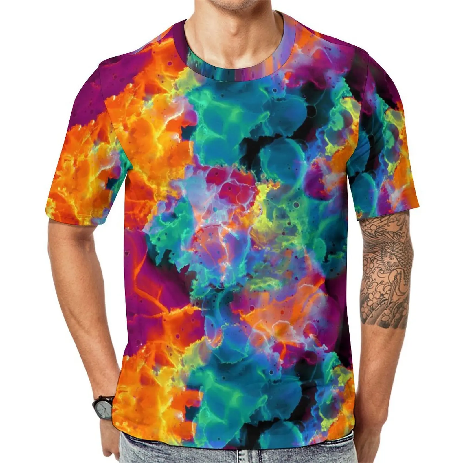 Man Colorful Rainbow T-Shirt Neon Abstract Print Retro T-Shirts Short-Sleeved Graphic Tshirt Wholesale Summer Plus Size Top Tees
