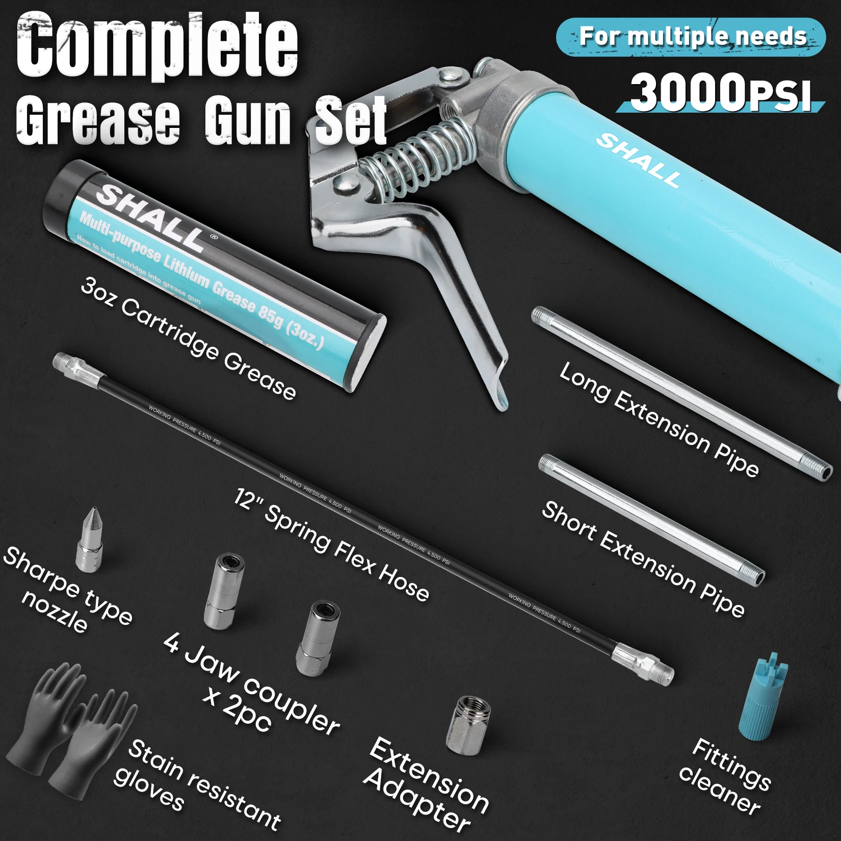 SHALL Small Grease Gun Kit 85g Capacity 3000 PSI Mini Grease Gun Cartridge Grease with PVC Glove & Zerk Fitting Cleaner